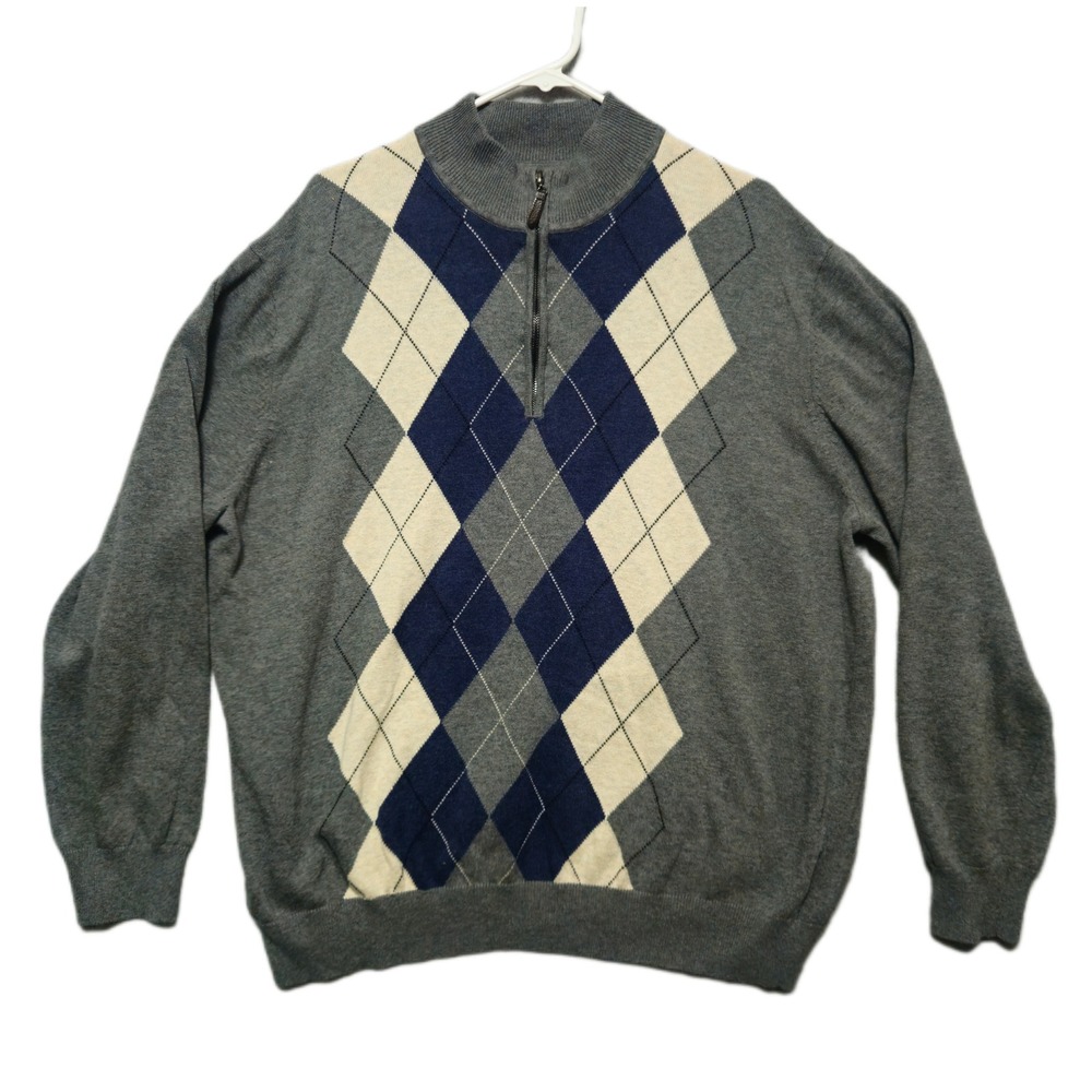 Oak Hill Gray Argyle 1/4‎ Zip Golf Pullover Cotton Sweater Mens 1XL Mock Neck